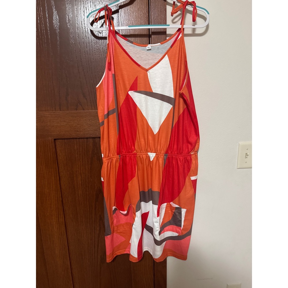 Abstract Print Spaghetti Strap Dress Women Orange Geometric V Neck
